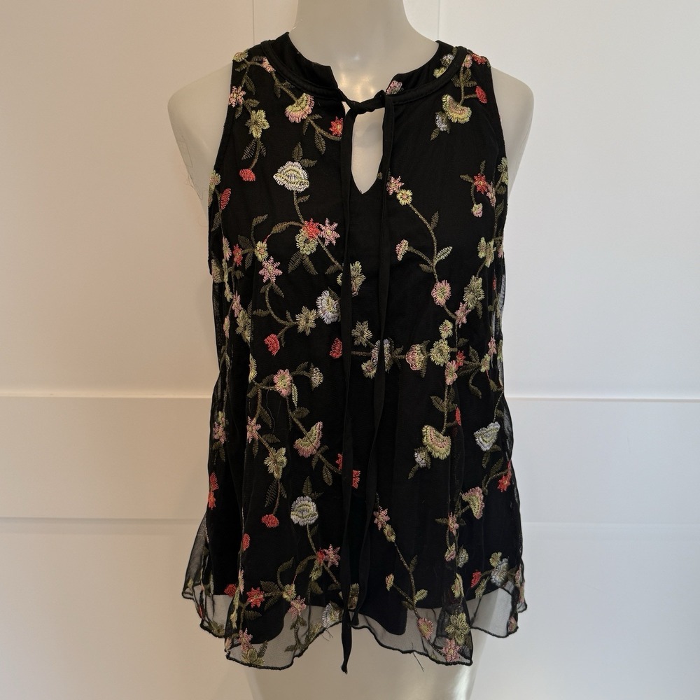 Embroidered Floral Sheer Mesh Tank‎ Top Sleeveless Tie Neck Boho Romantic WM MED